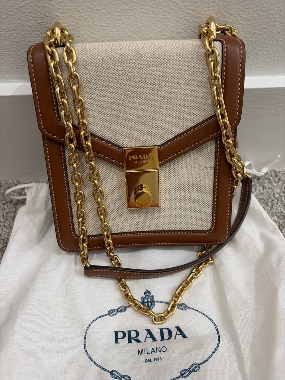 Prada Cream Canvas with Brown Leather-Trim Chain Crossbody